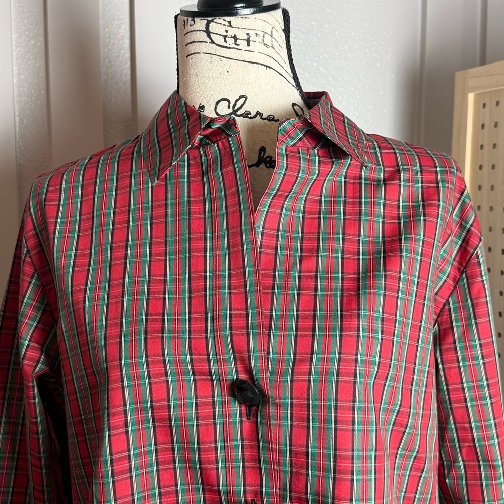 Foxcroft NYC Red Green Tartan Plaid Shirt 14 Wrinkle Free Holiday‎ - Picture 3 of 11